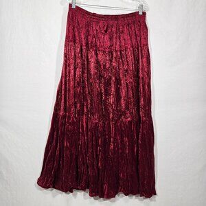 U.S.A Vintage CLIO II 80s Y2K Red Shiny Velvet Tiered Flowy Maxi Skirt Women 2X.